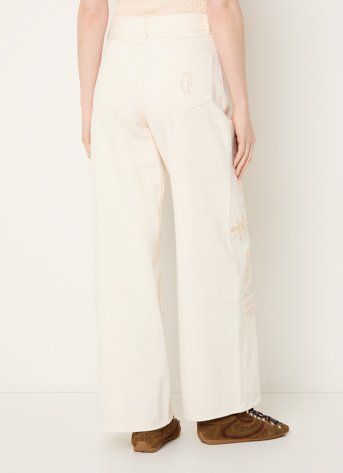Claudie Pierlot Deborah high waist wide leg jeans met borduring - achterkant gebroken wit