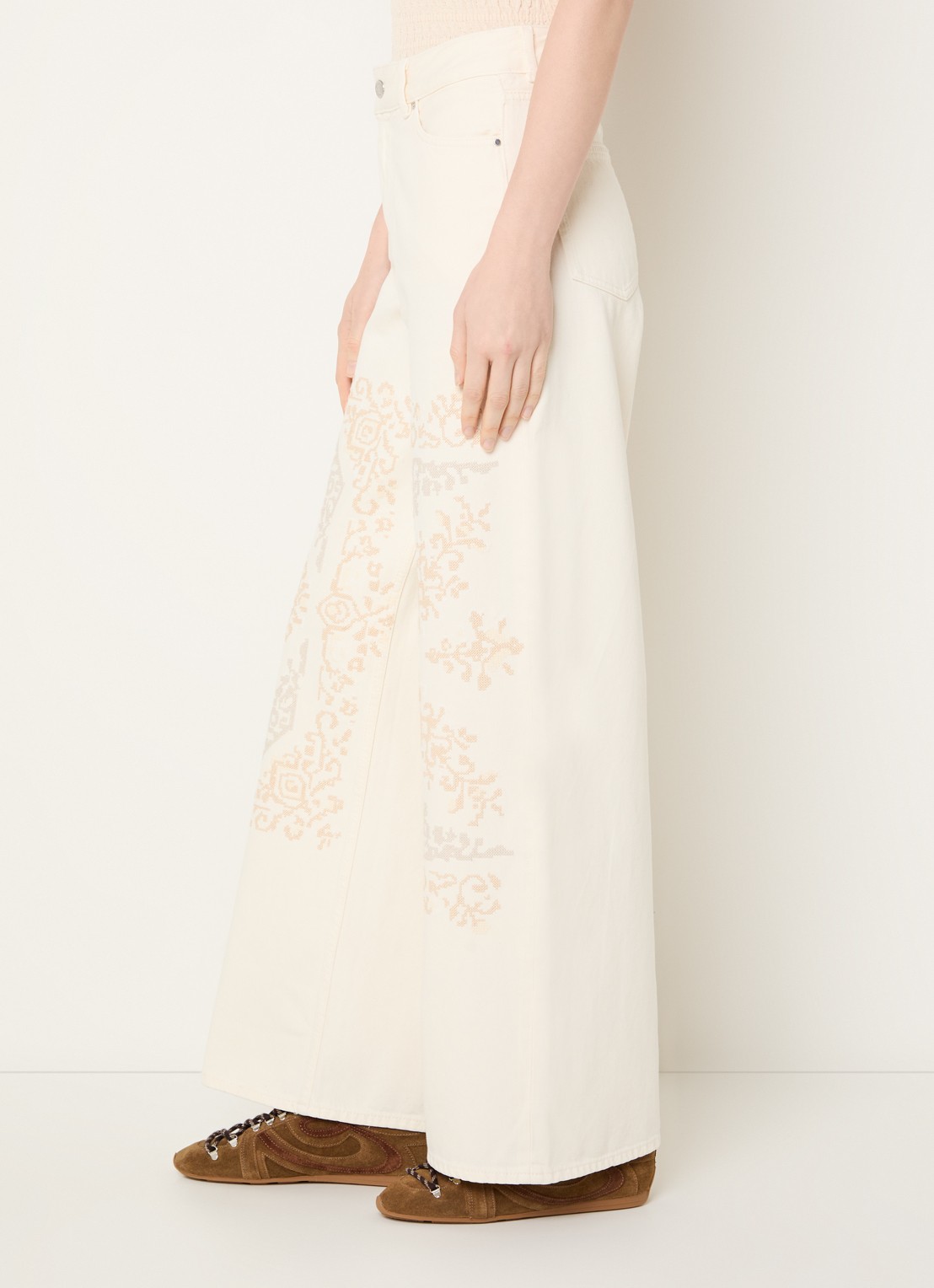 Claudie Pierlot Deborah high waist wide leg jeans met borduring - detail 3 gebroken wit