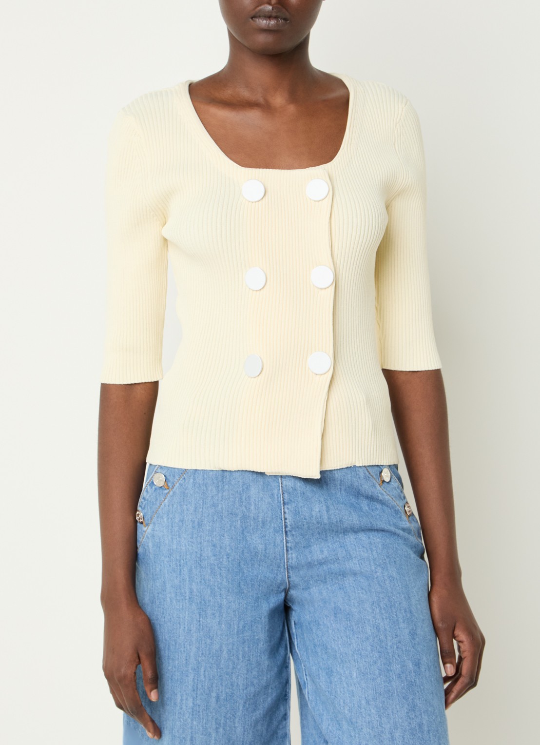 Claudie Pierlot  Double-breasted ribgebreid vest  - detail 4 vanillegeel