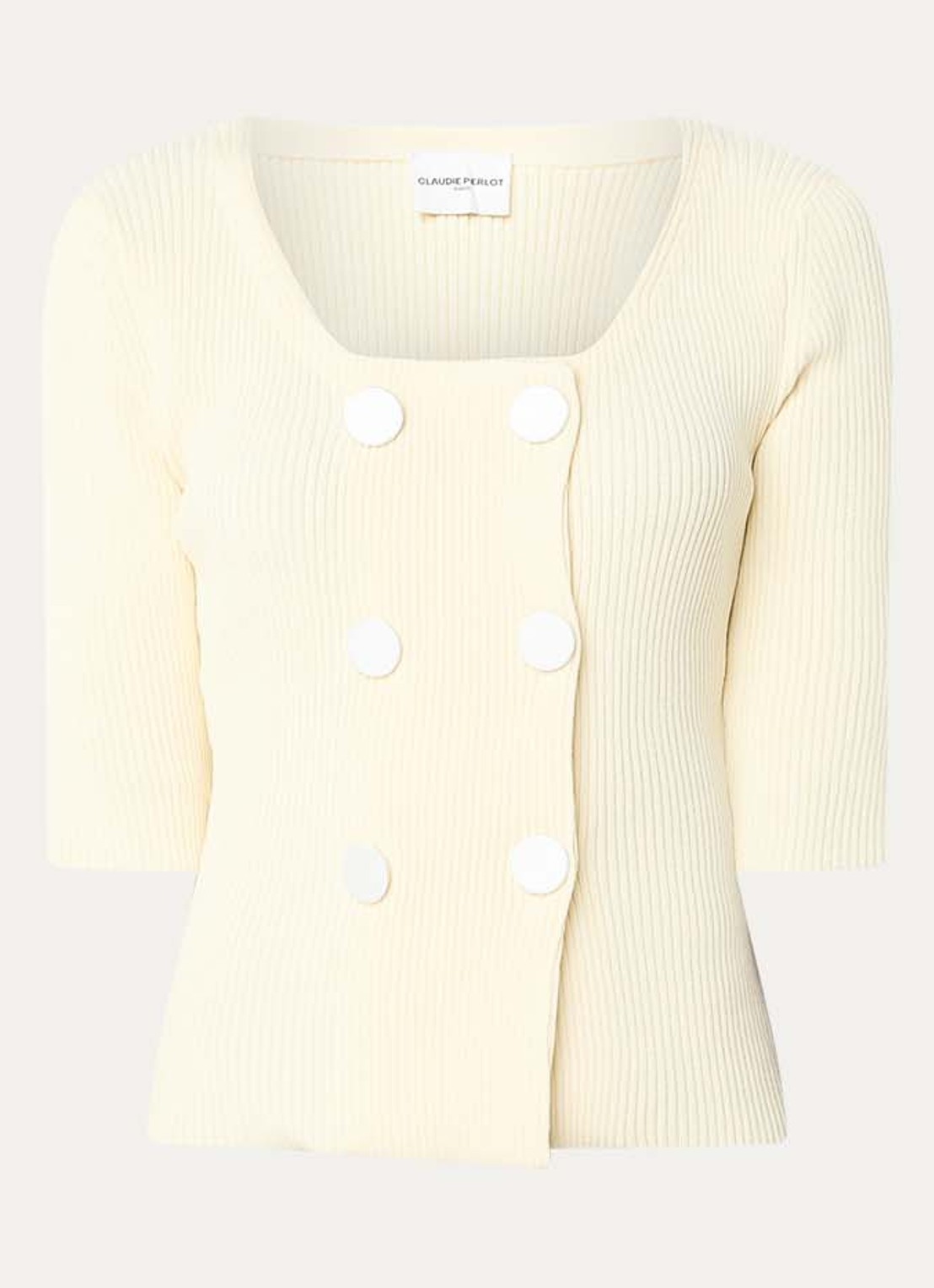 Claudie Pierlot  Double-breasted ribgebreid vest  - voorkant vanillegeel