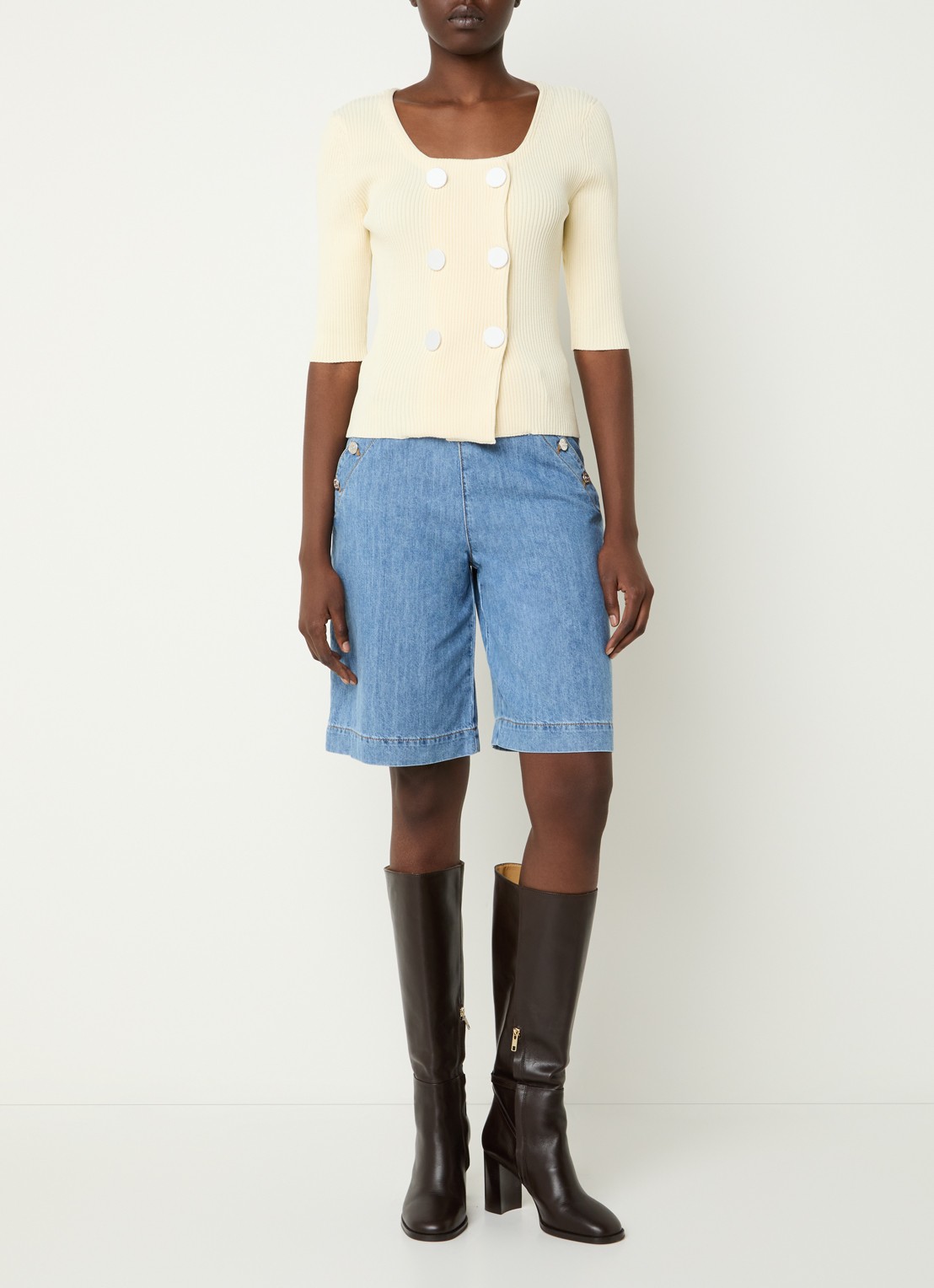 Claudie Pierlot  Double-breasted ribgebreid vest  - voorkant 2 vanillegeel