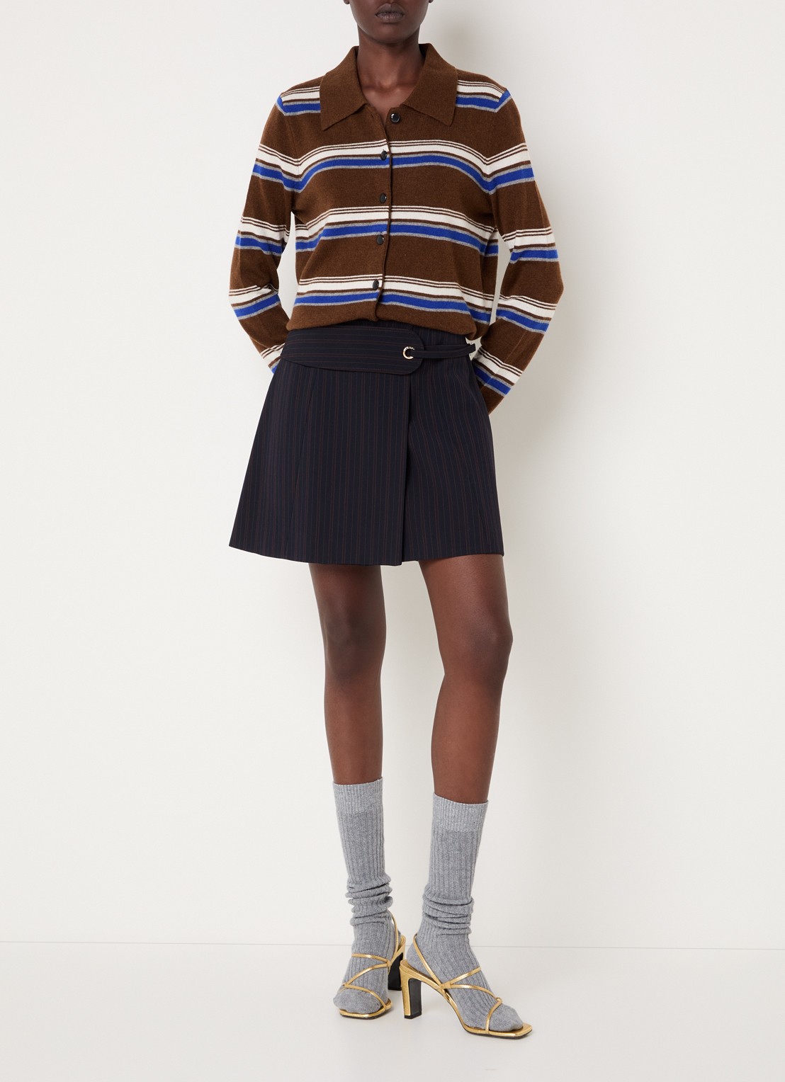 Claudie Pierlot Fijngebreid vest in kasjmierblend met streepprint - voorkant 4 hazelnootbruin
