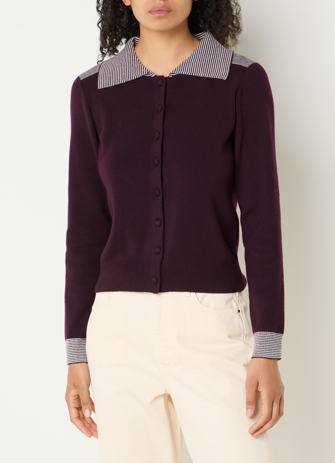 Claudie Pierlot Fijngebreid vest in wolblend met kraag - detail 3 aubergine