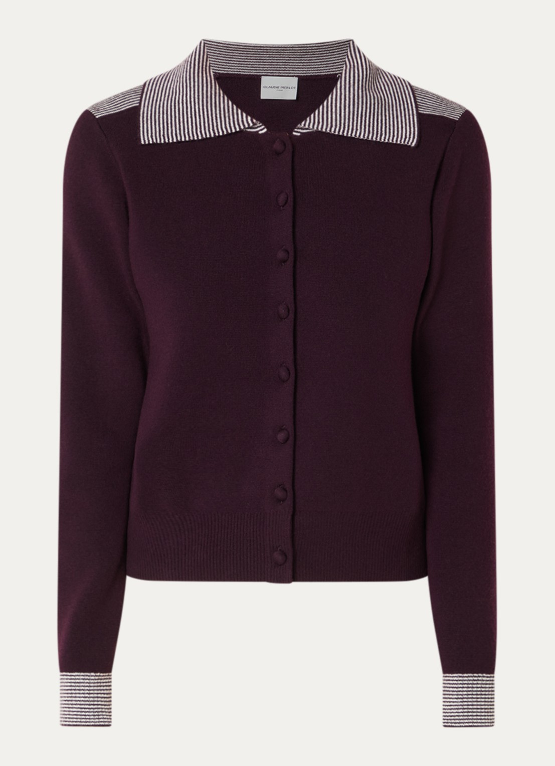 Claudie Pierlot Fijngebreid vest in wolblend met kraag - voorkant aubergine