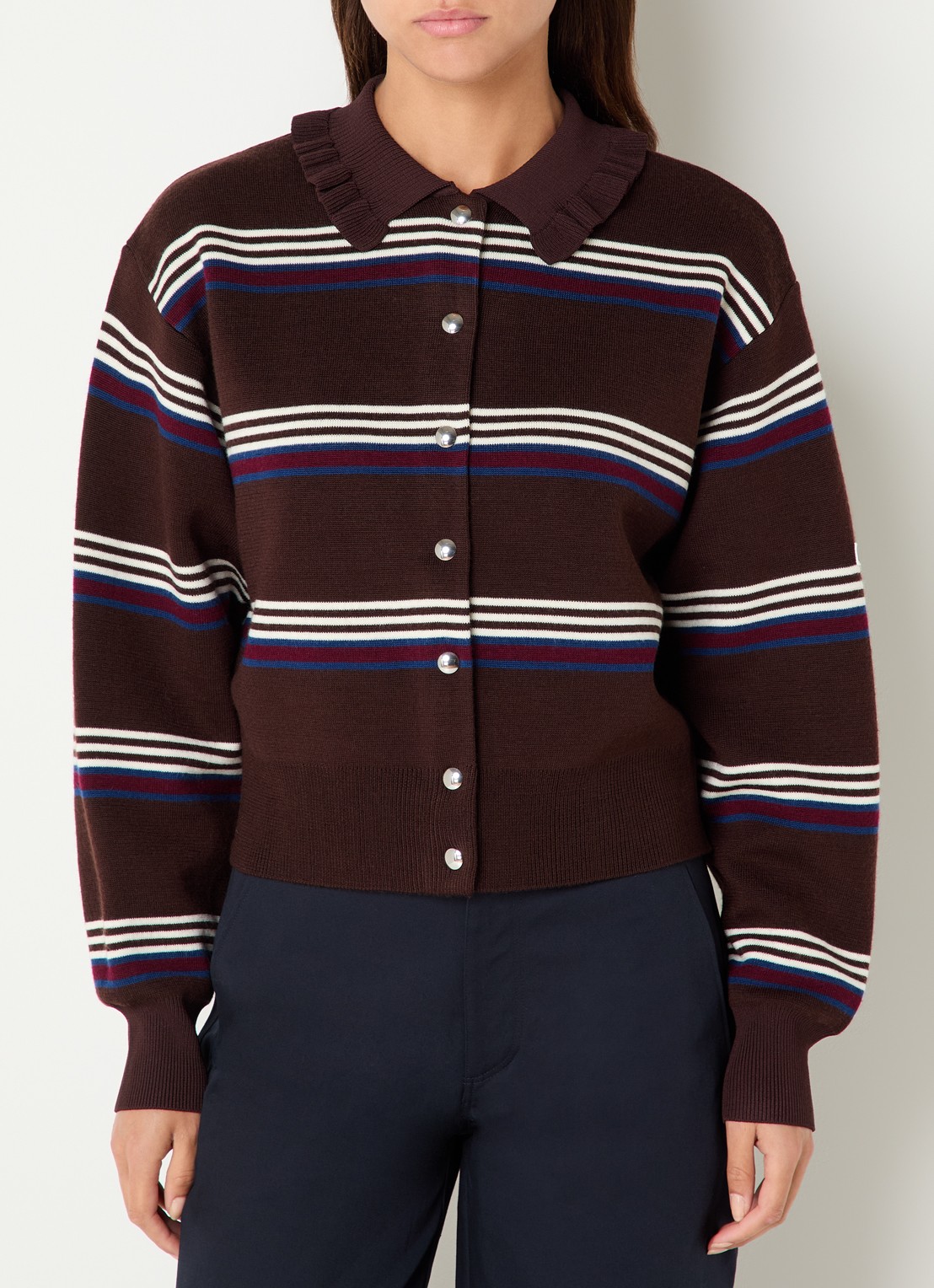 Claudie Pierlot Fijngebreid vest met streepprint  - detail donkerbruin