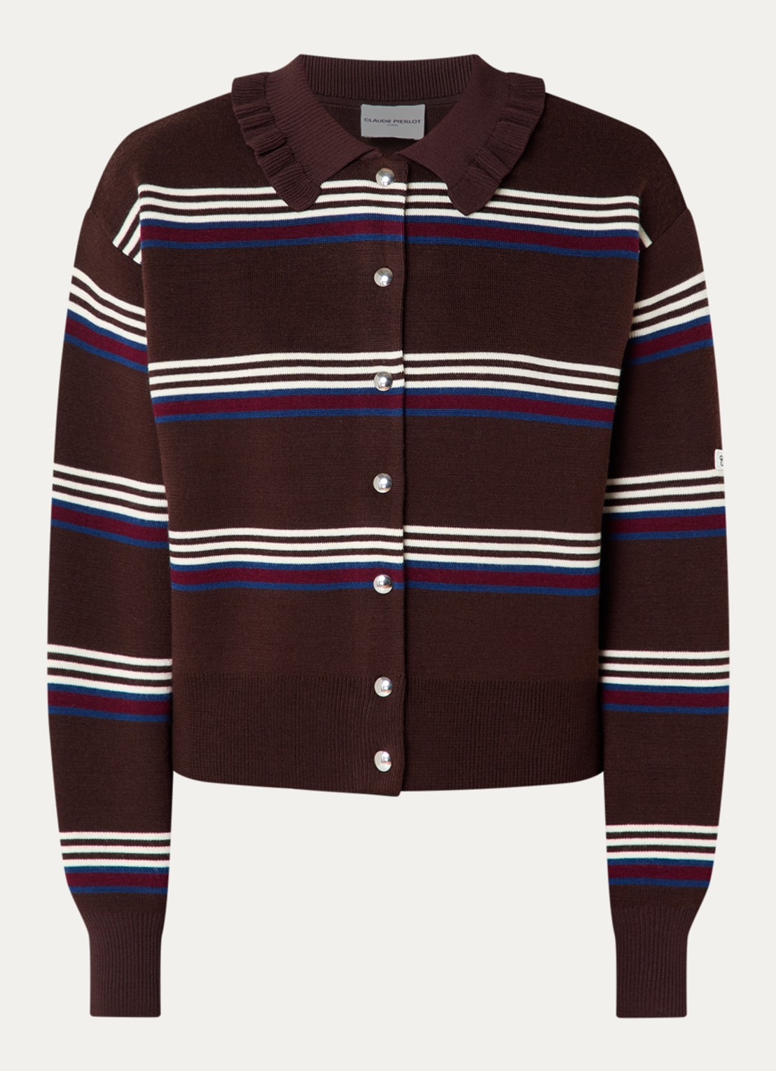 Claudie Pierlot Fijngebreid vest met streepprint  - voorkant 3 donkerbruin