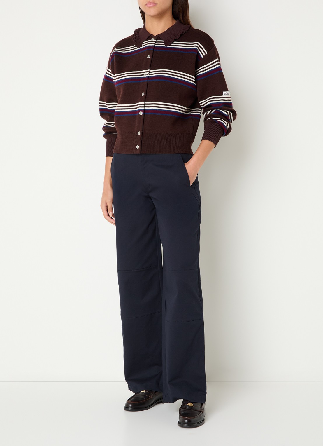 Claudie Pierlot Fijngebreid vest met streepprint  - voorkant 4 donkerbruin