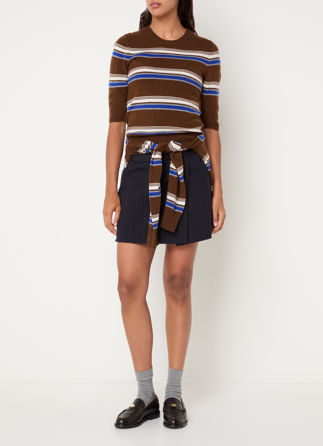 Claudie Pierlot Fijngebreide top in kasjmierblend met streepprint - voorkant 2 hazelnootbruin