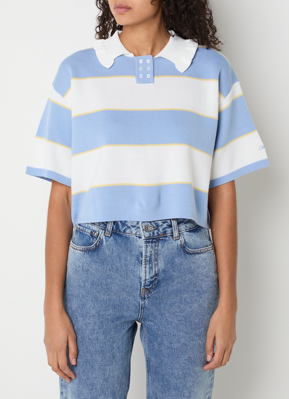 Claudie Pierlot Fijngebreide top in wolblend met streepprint - detail blauw