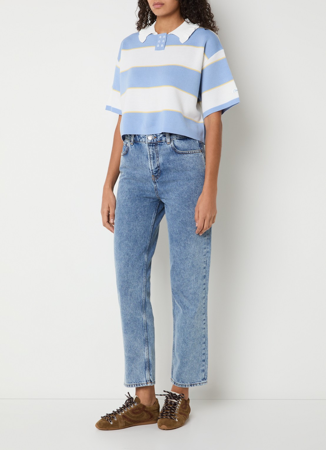 Claudie Pierlot Fijngebreide top in wolblend met streepprint - voorkant 3 blauw