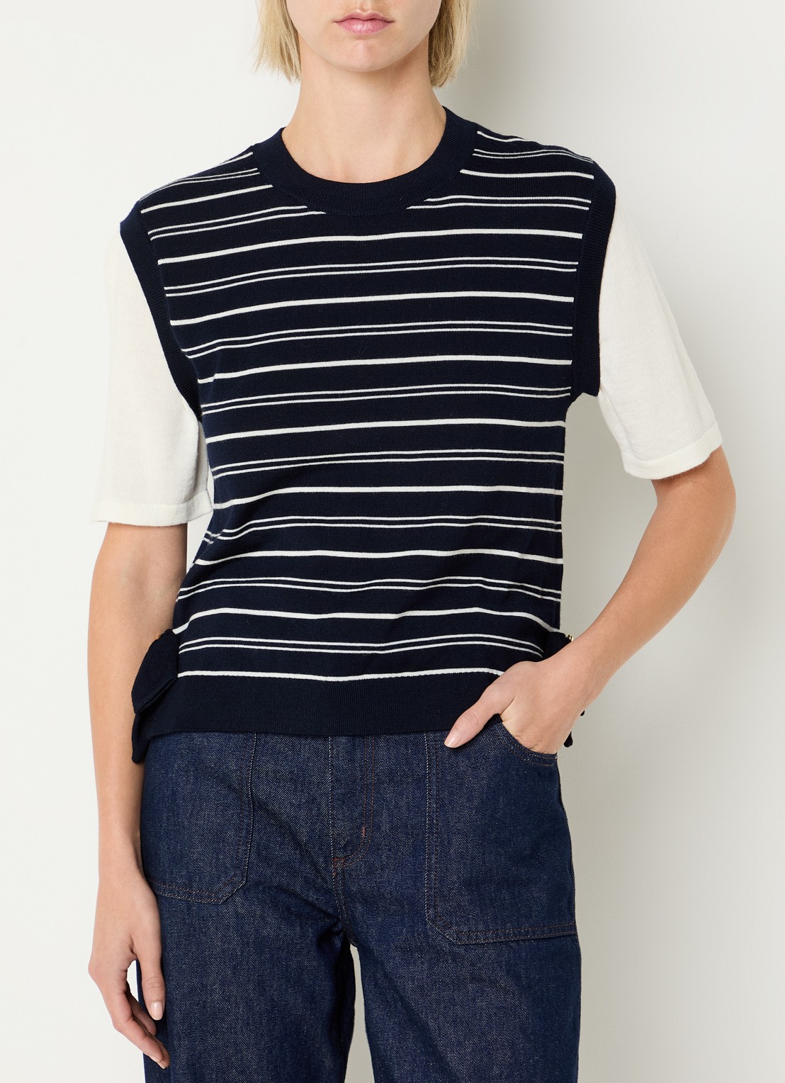 Claudie Pierlot Fijngebreide top in wolblend met streepprint - detail donkerblauw
