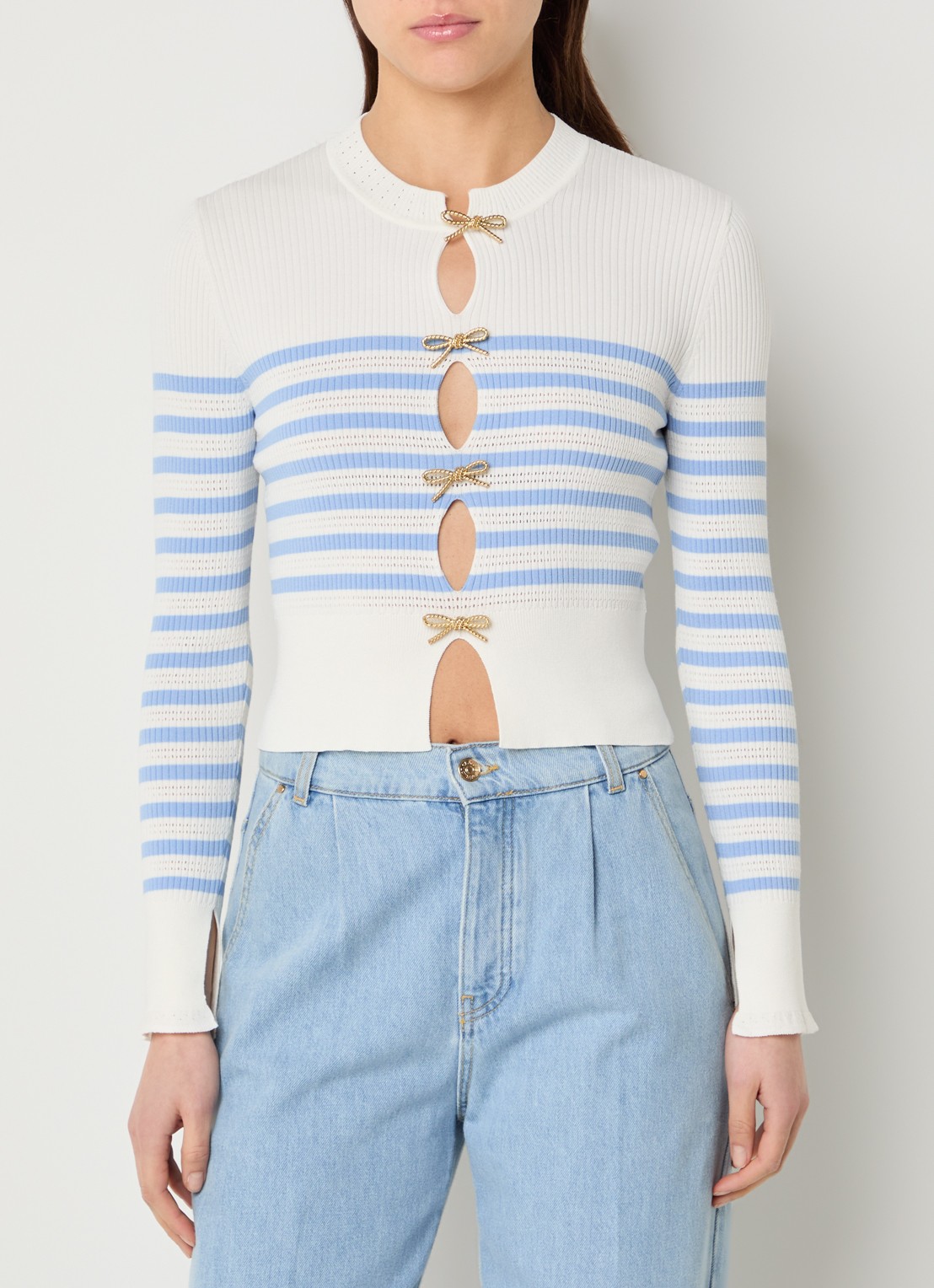 Claudie Pierlot Fijngebreide top met streepprint en cut-out detail - detail 4 blauwgrijs