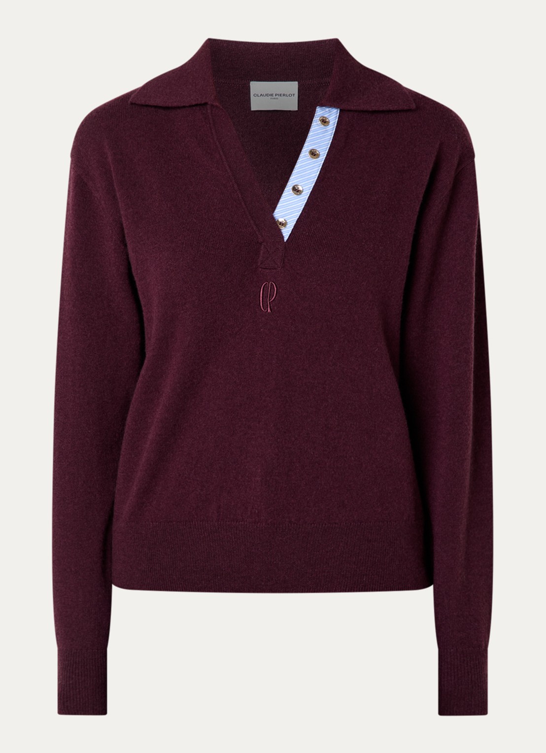 Claudie Pierlot Fijngebreide trui in kasjmierblend met logoborduring - voorkant 2 aubergine