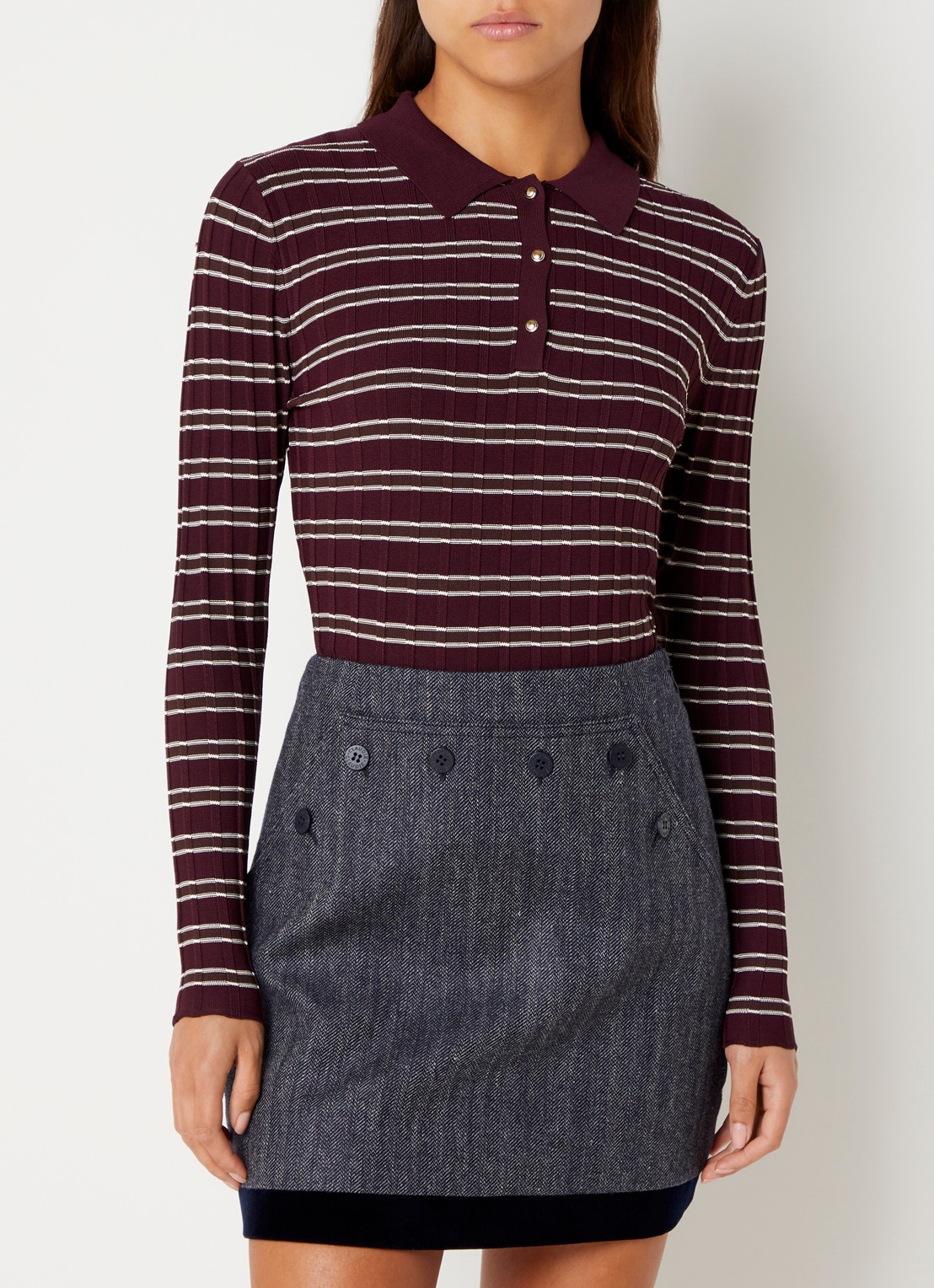 Claudie Pierlot Fijngebreide trui met streepprint - detail aubergine