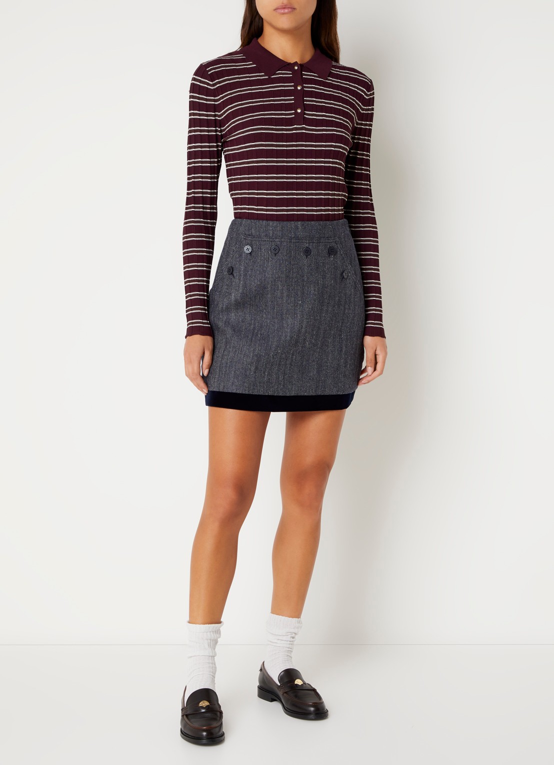 Claudie Pierlot Fijngebreide trui met streepprint - voorkant 4 aubergine