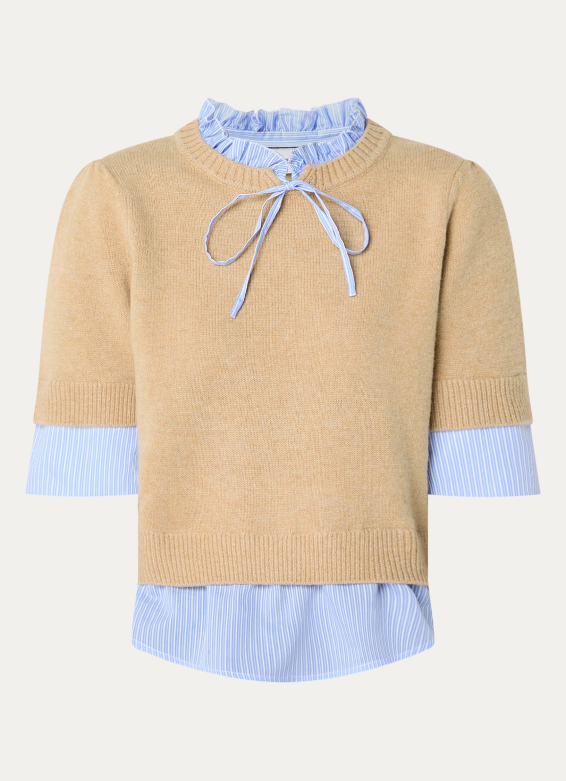 Claudie Pierlot Fijngebreide trui van wol met blouse-inzet - voorkant beige