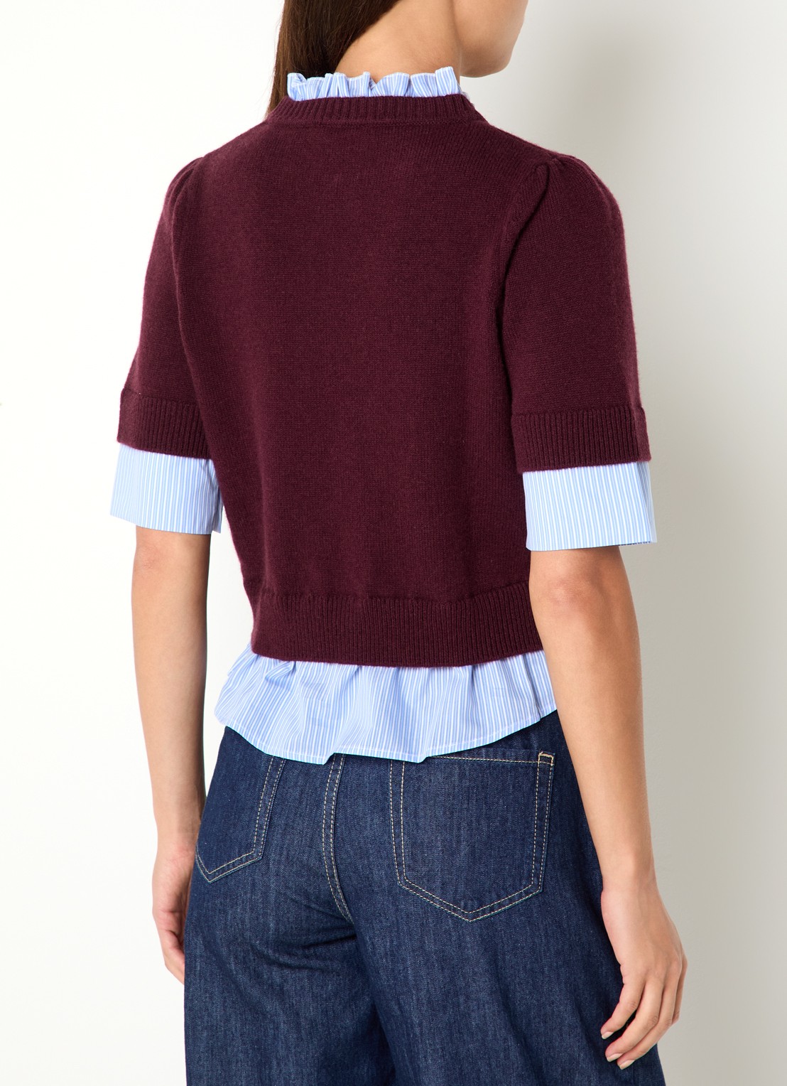 Claudie Pierlot Fijngebreide trui van wol met blouse-inzet - achterkant 4 aubergine