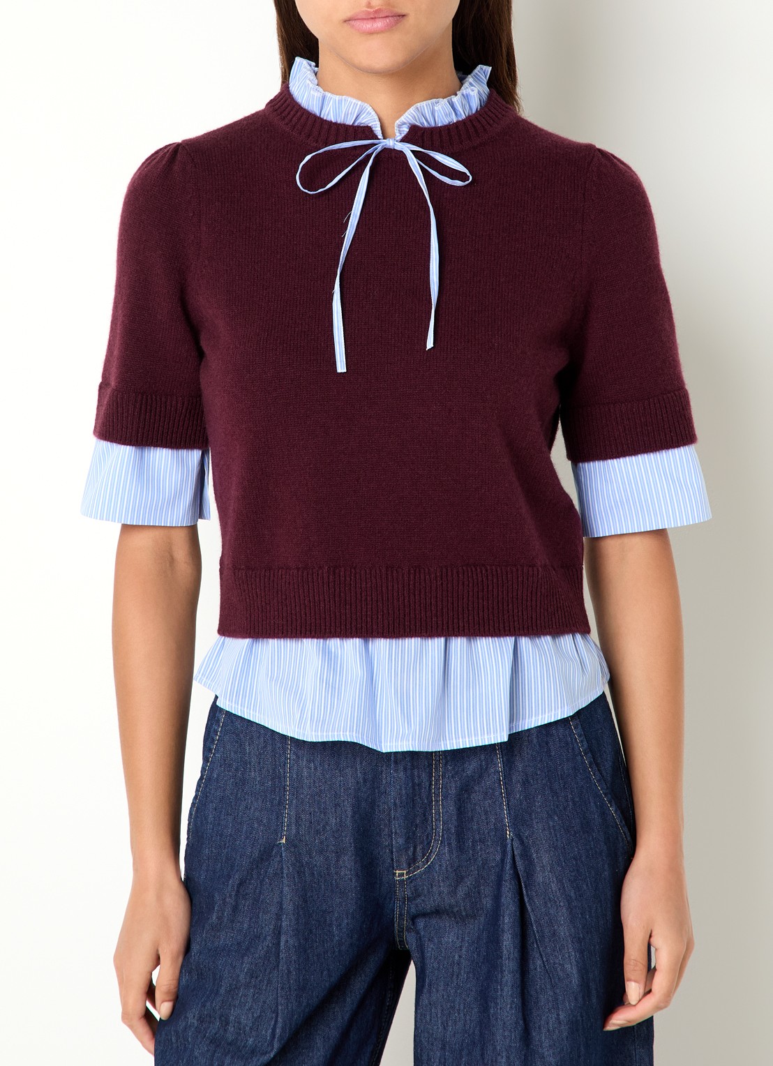 Claudie Pierlot Fijngebreide trui van wol met blouse-inzet - detail 3 aubergine