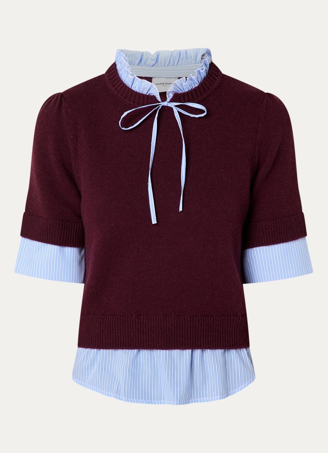 Claudie Pierlot Fijngebreide trui van wol met blouse-inzet - voorkant aubergine