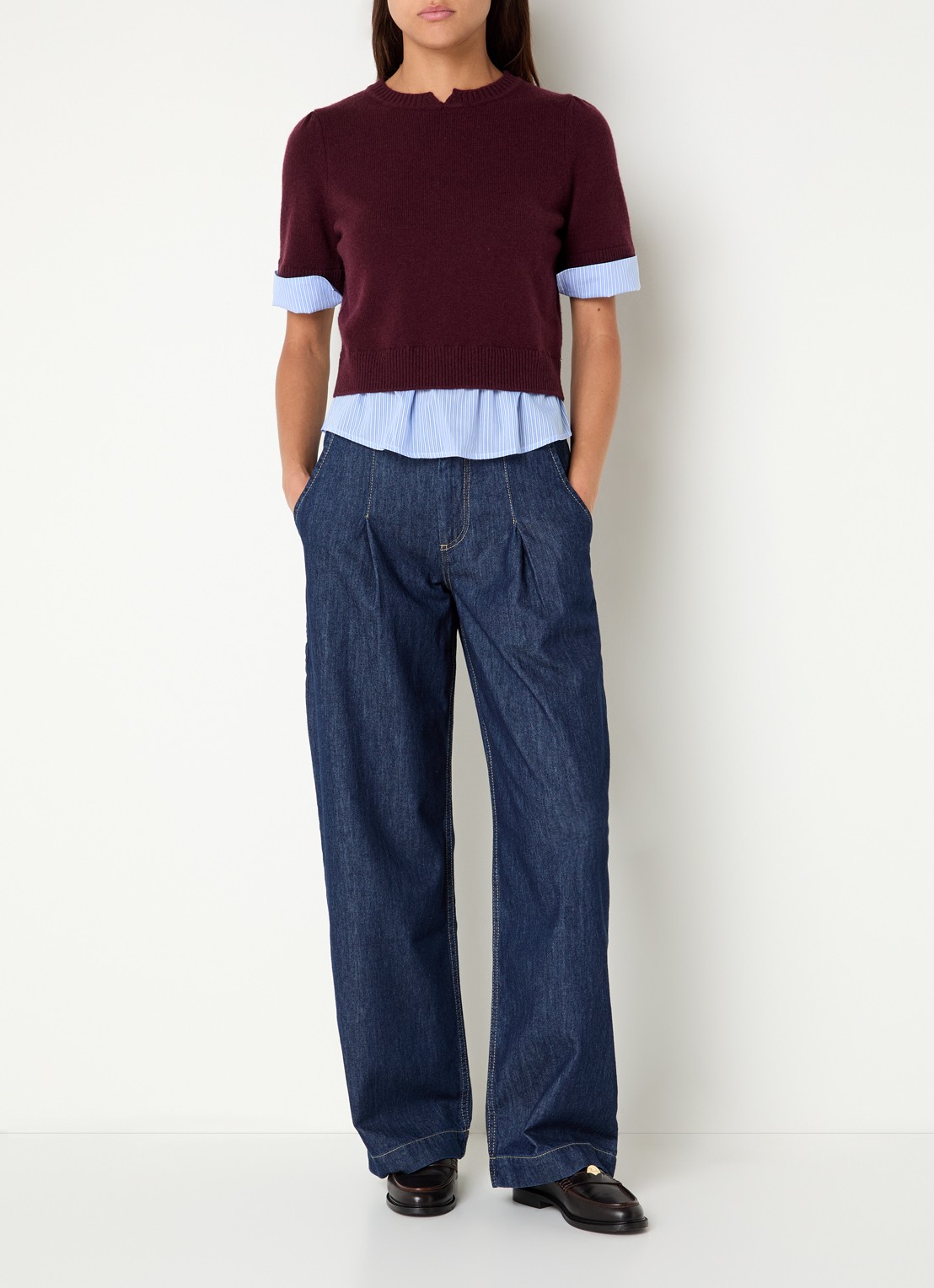 Claudie Pierlot Fijngebreide trui van wol met blouse-inzet - voorkant 2 aubergine