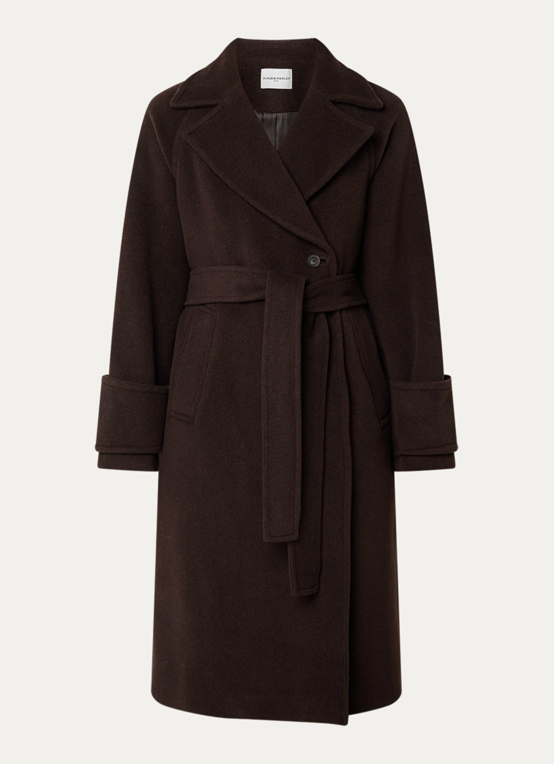 Claudie Pierlot Gama mantel in wolblend met strikceintuur - voorkant 3 donkerbruin