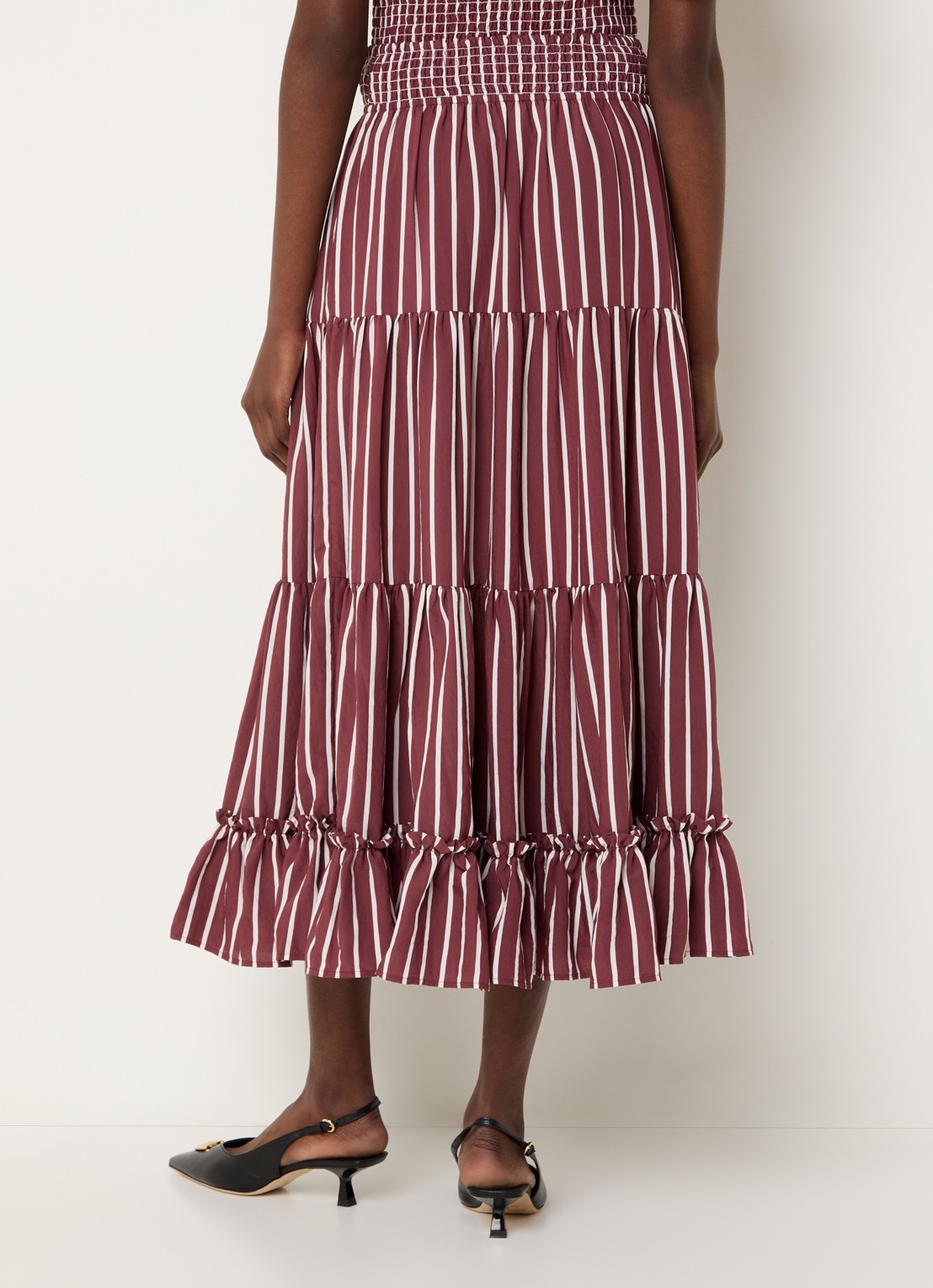 Claudie Pierlot Gelaagde midi rok met streepprint en smockwerk - achterkant bordeauxrood