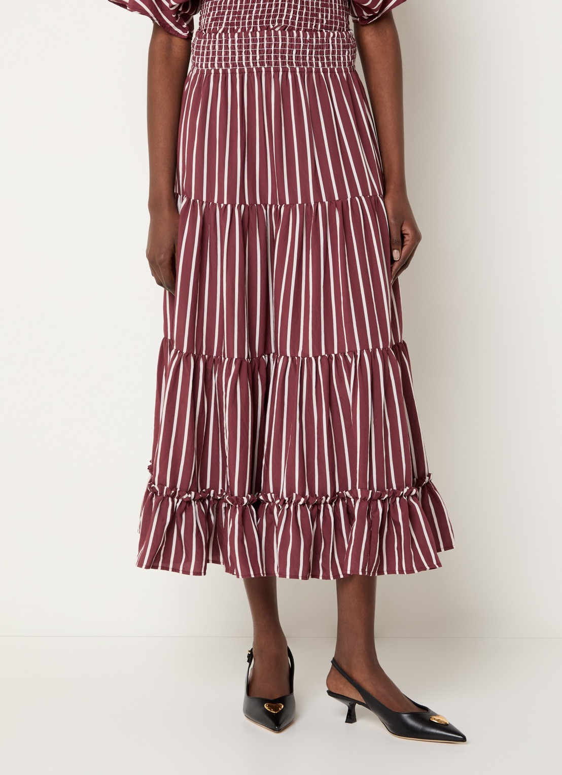 Claudie Pierlot Gelaagde midi rok met streepprint en smockwerk - detail 2 bordeauxrood