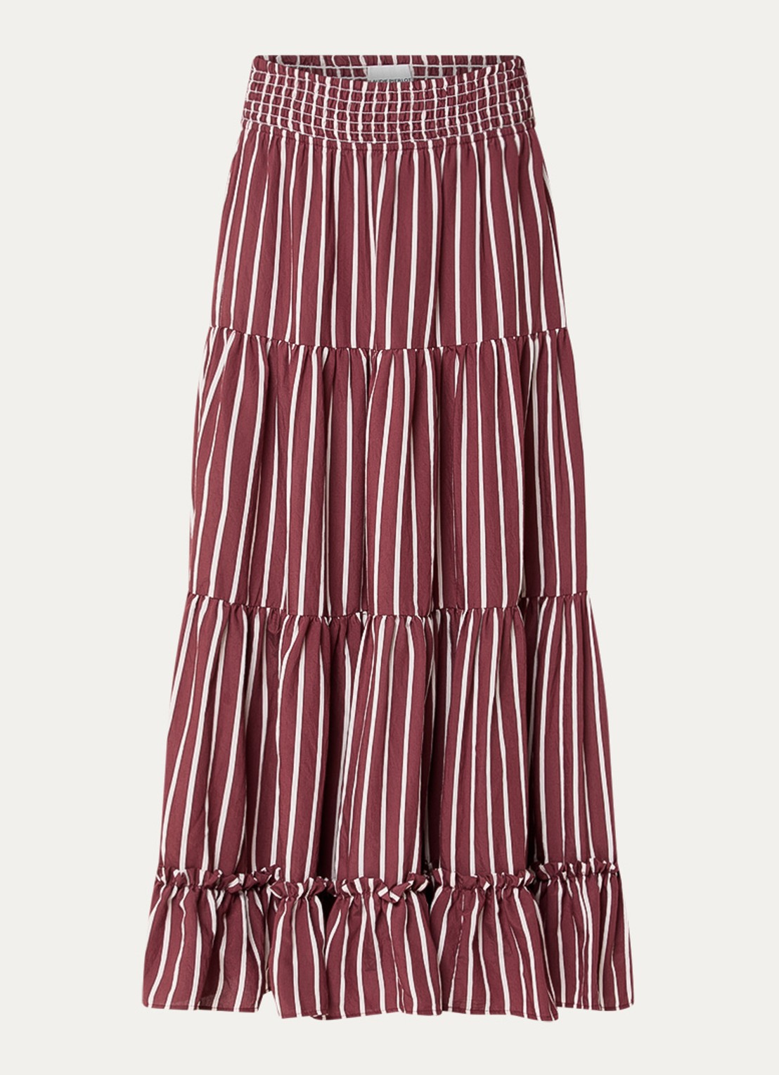 Claudie Pierlot Gelaagde midi rok met streepprint en smockwerk - voorkant 3 bordeauxrood