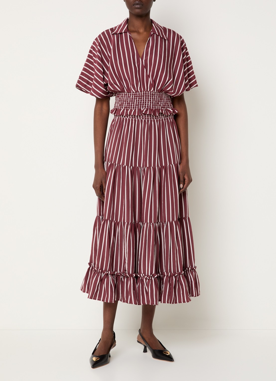 Claudie Pierlot Gelaagde midi rok met streepprint en smockwerk - voorkant 4 bordeauxrood