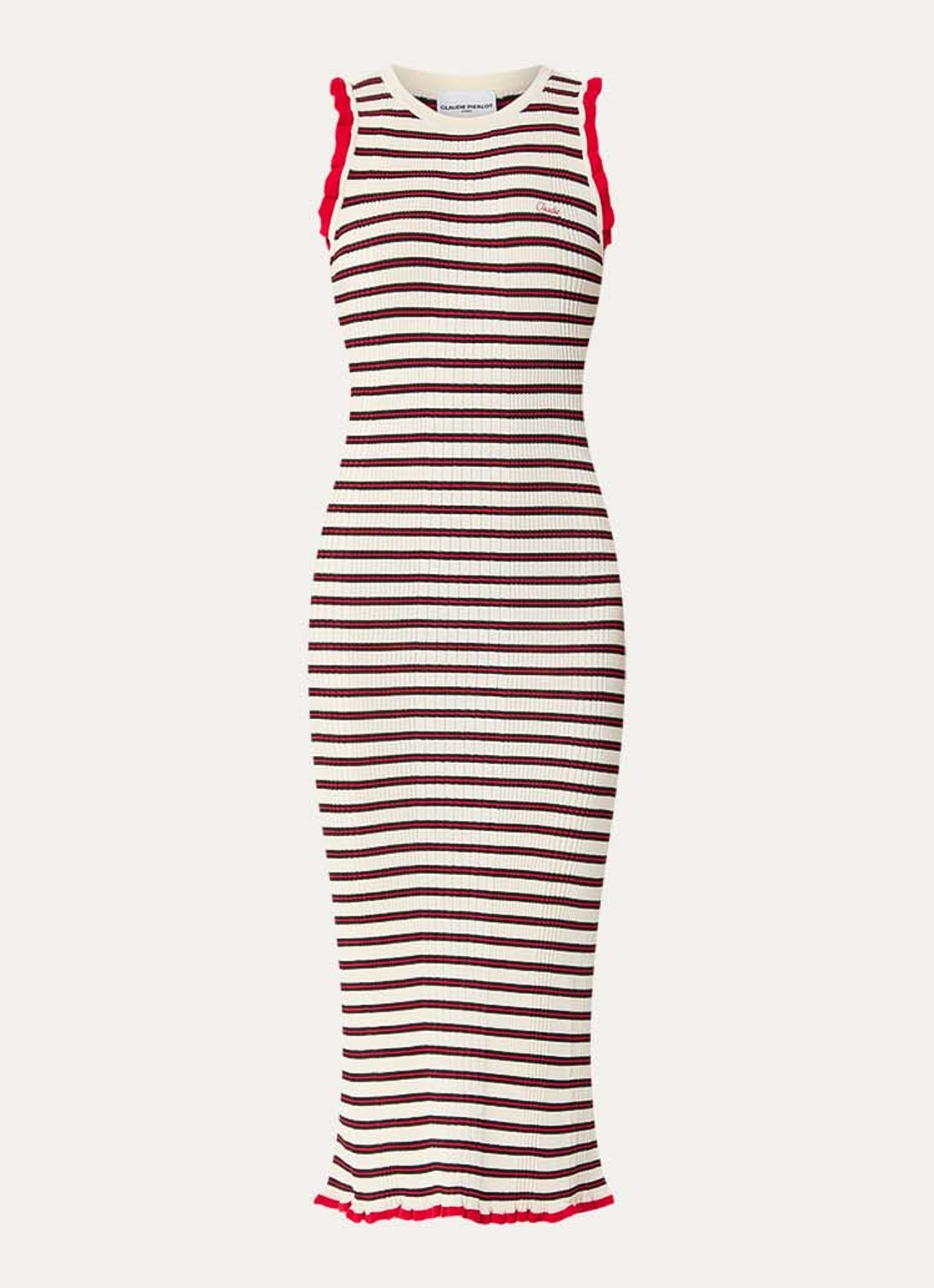 Claudie Pierlot Grofgebreide midi jurk met streepprint - voorkant 2 gebroken wit