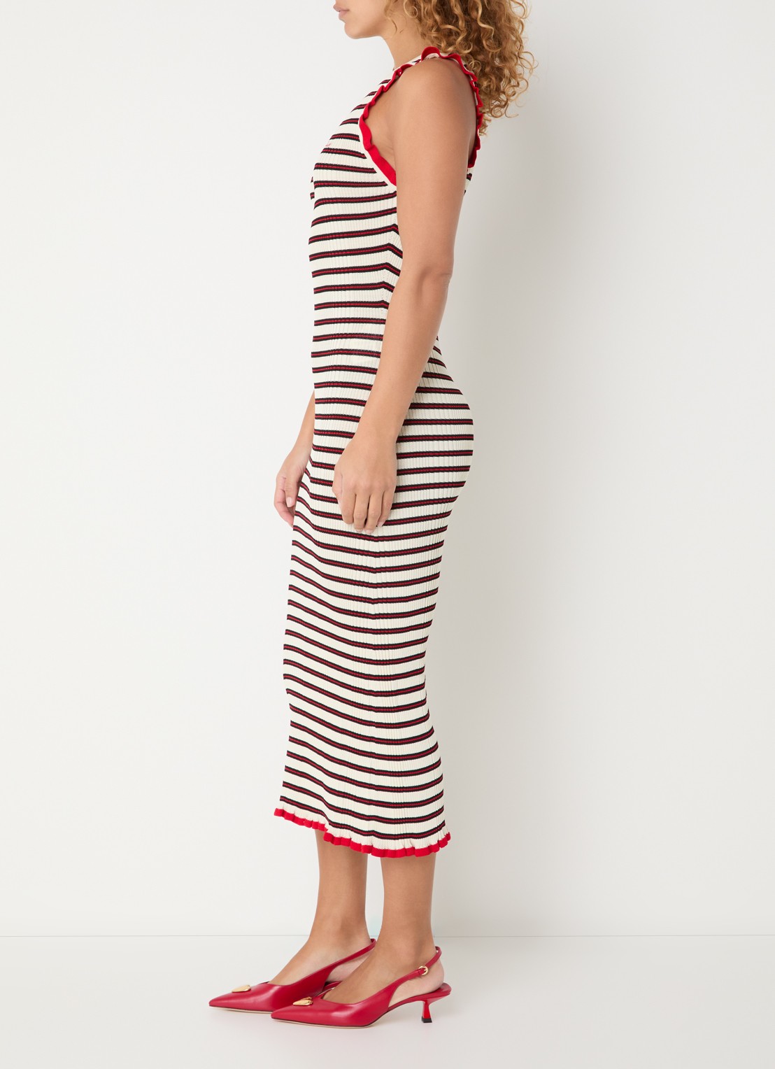 Claudie Pierlot Grofgebreide midi jurk met streepprint - voorkant 3 gebroken wit