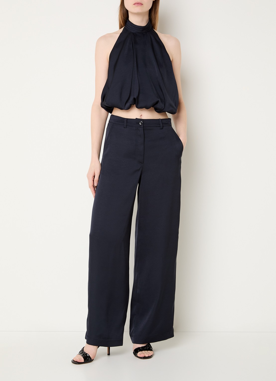 Claudie Pierlot Haltertop van satijn - voorkant 3 donkerblauw