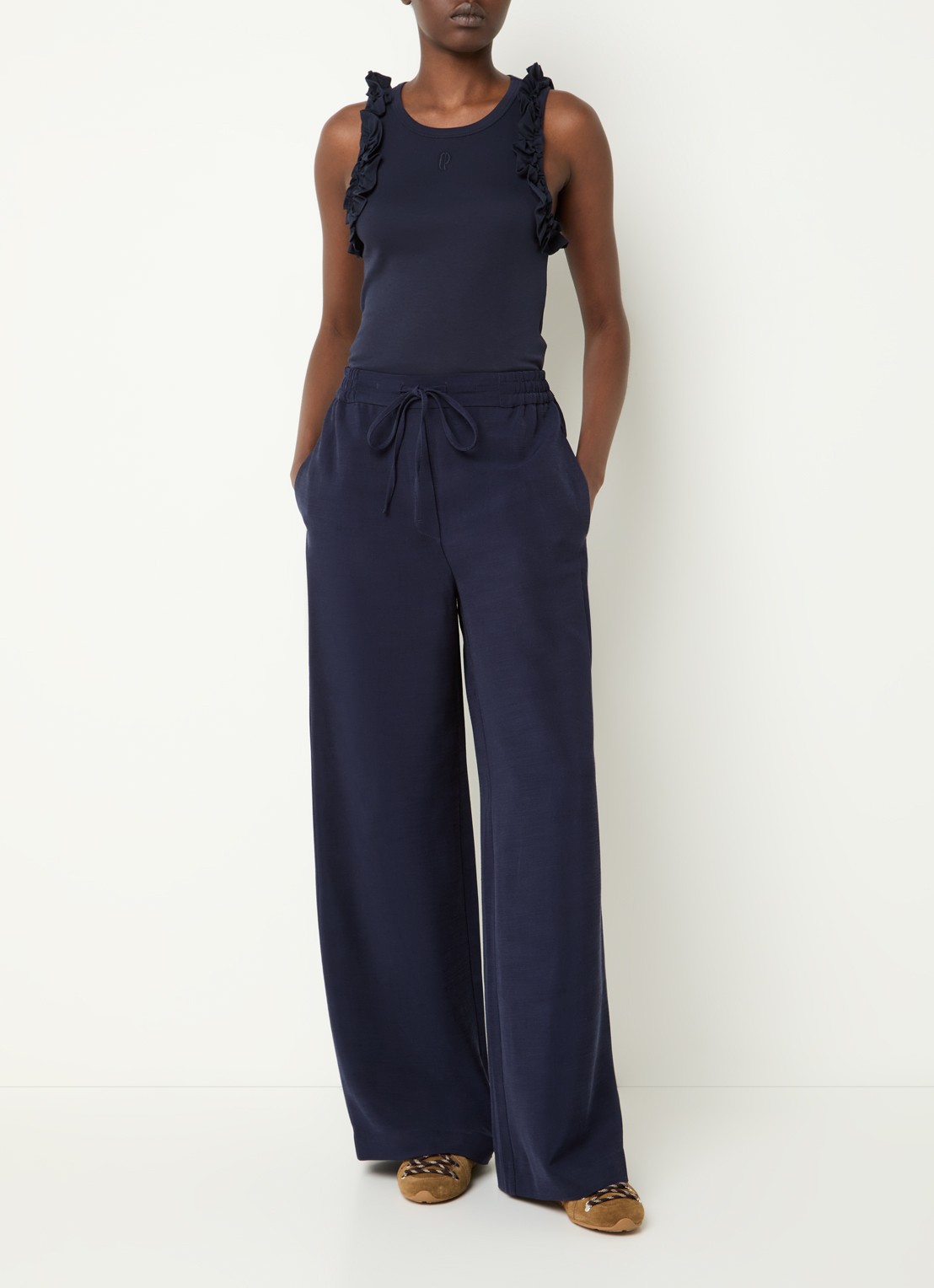 Claudie Pierlot High waist loose fit broek met elastische band - voorkant 4 donkerblauw