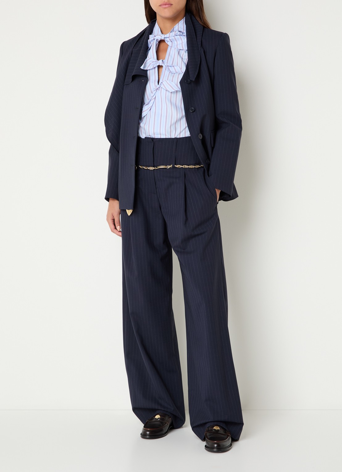 Claudie Pierlot High waist loose fit pantalon in wolblend met krijtstreep - voorkant 4 donkerblauw