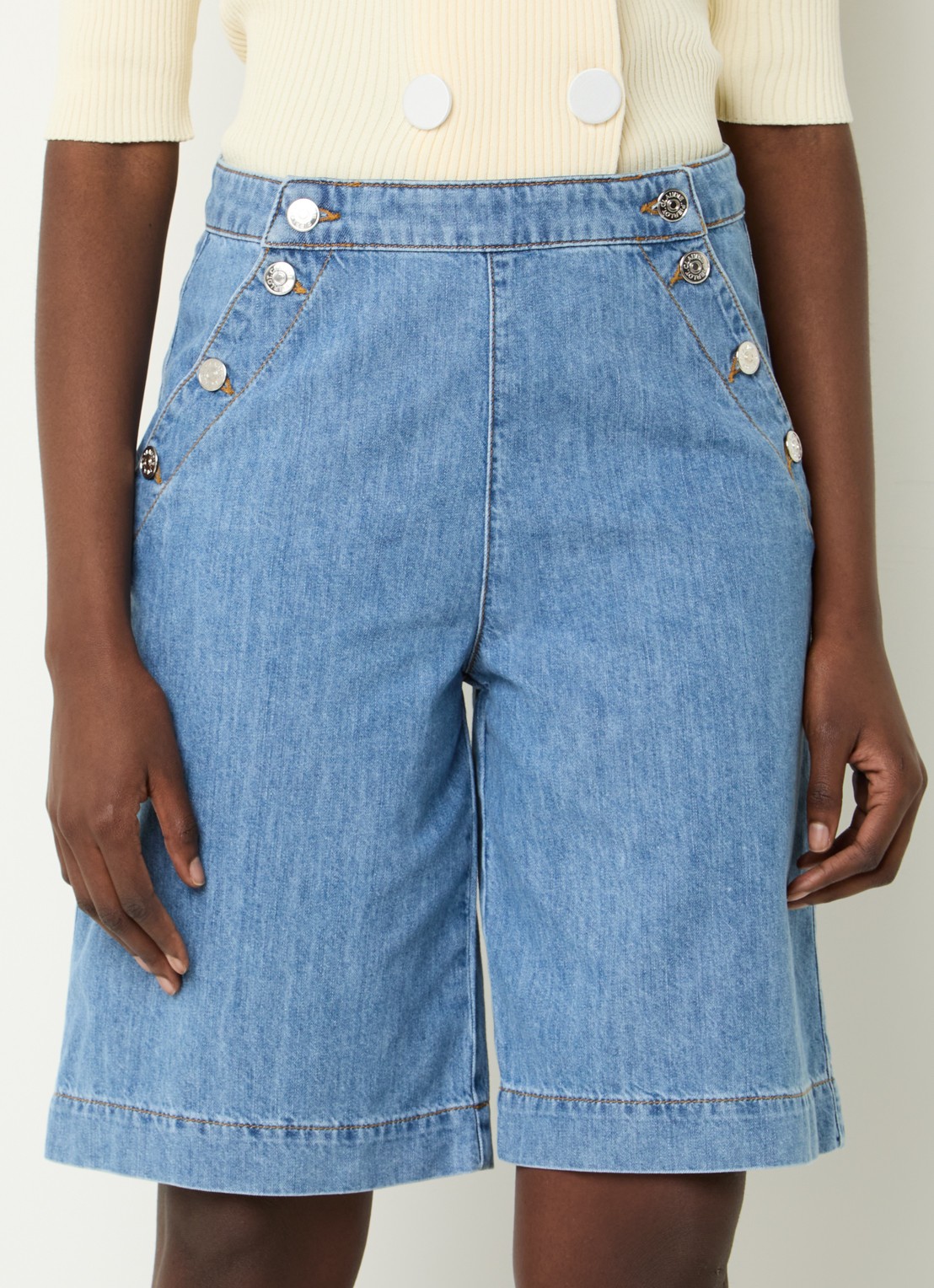 Claudie Pierlot High waist wide fit korte broek van denim - detail 4 lichtblauw