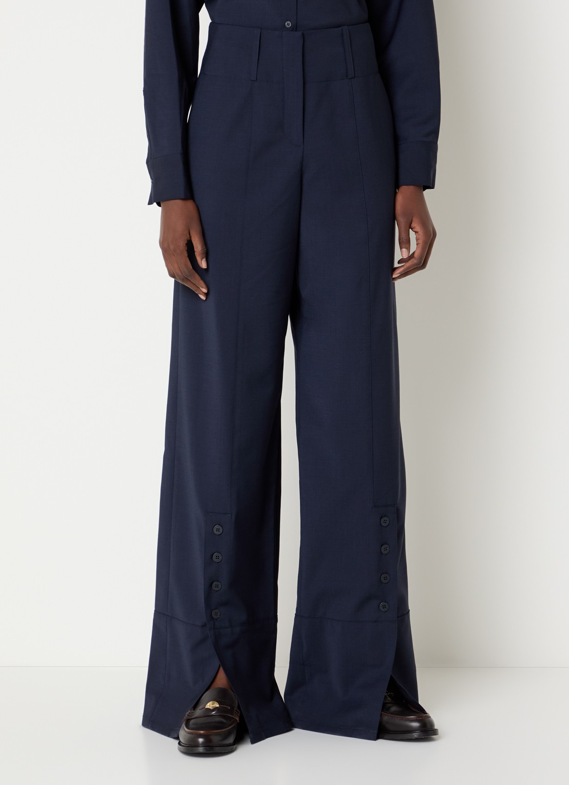 Claudie Pierlot High waist wide fit pantalon in wolblend met knoopdetail - detail 3 donkerblauw