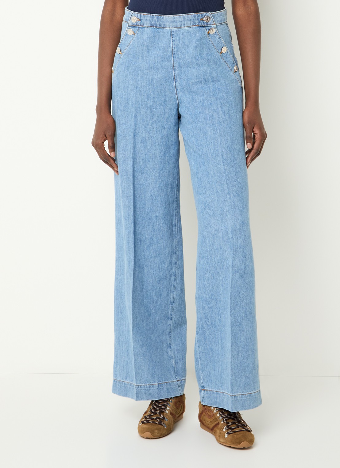 Claudie Pierlot High waist wide leg jeans met lichte wassing - detail 3 lichtblauw