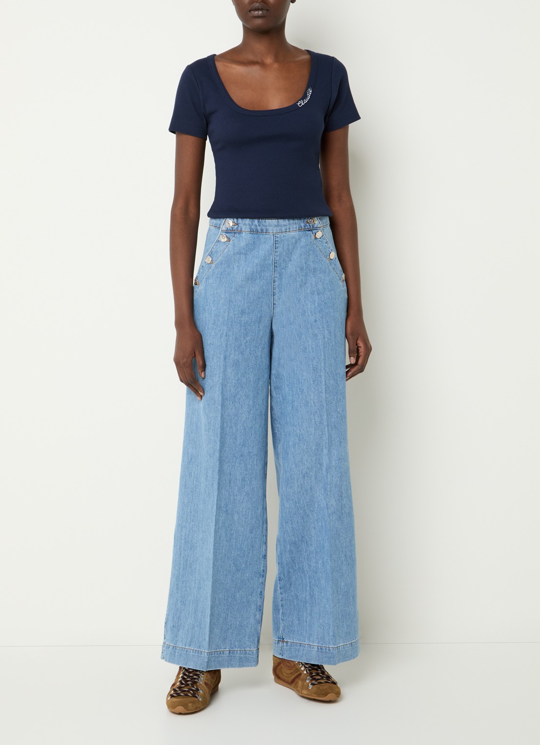 Claudie Pierlot High waist wide leg jeans met lichte wassing - voorkant 2 lichtblauw