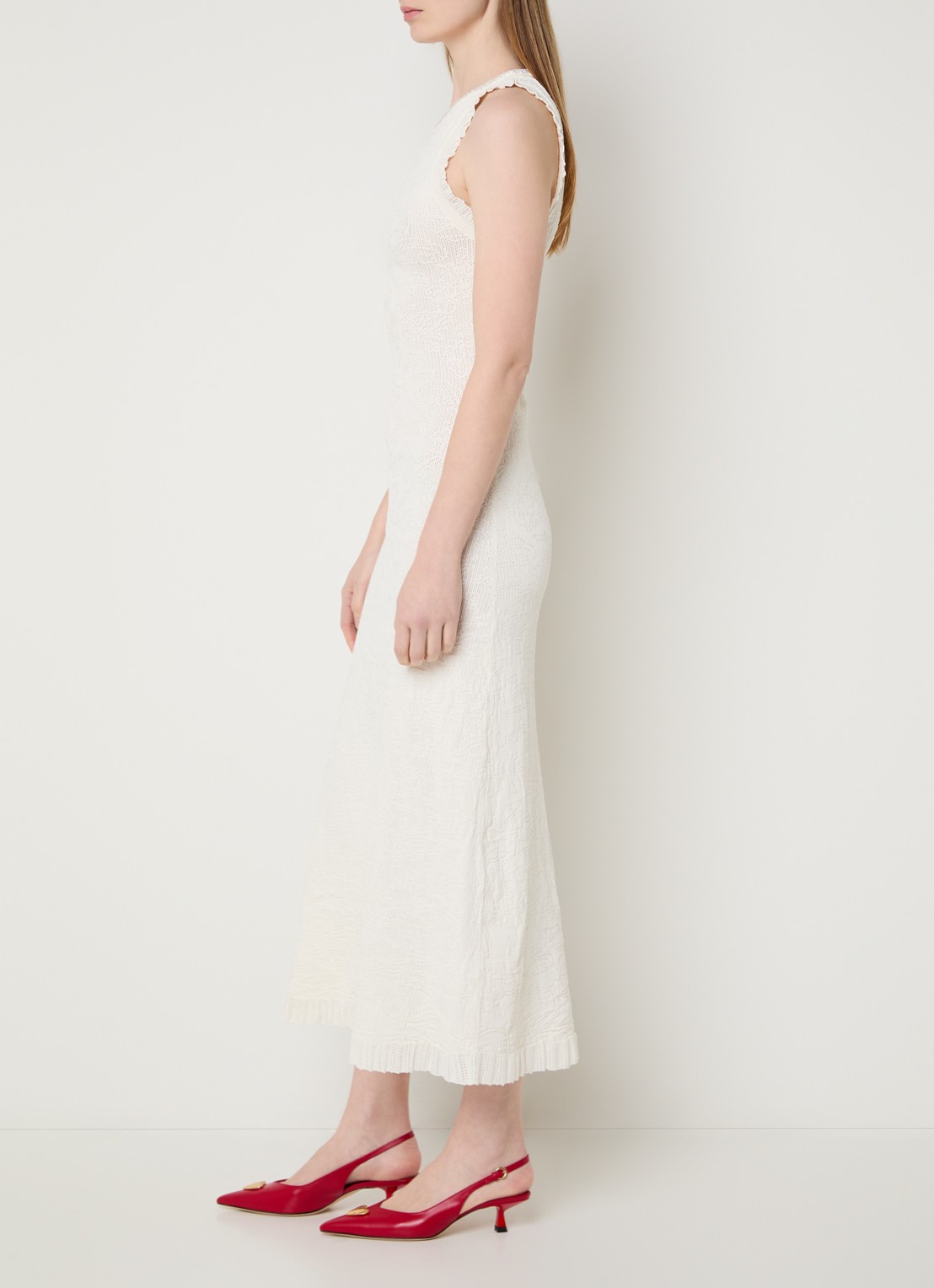 Claudie Pierlot Maellie grofgebreide maxi jurk met ruches - voorkant 3 gebroken wit