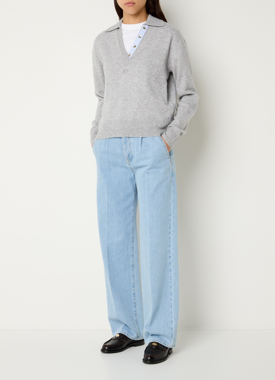 Claudie Pierlot Maloute fijngebreide pullover in kasjmierblend - voorkant 2 grijsmele
