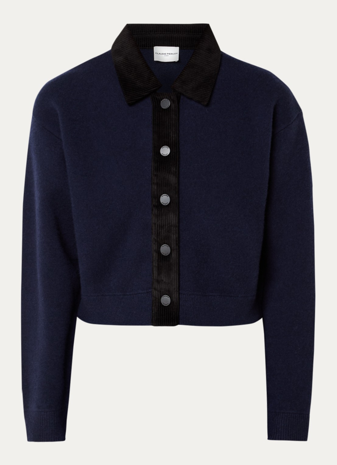 Claudie Pierlot Mamamia fijngebreid cropped vest in wolblend met details van corduroy - voorkant 2 donkerblauw