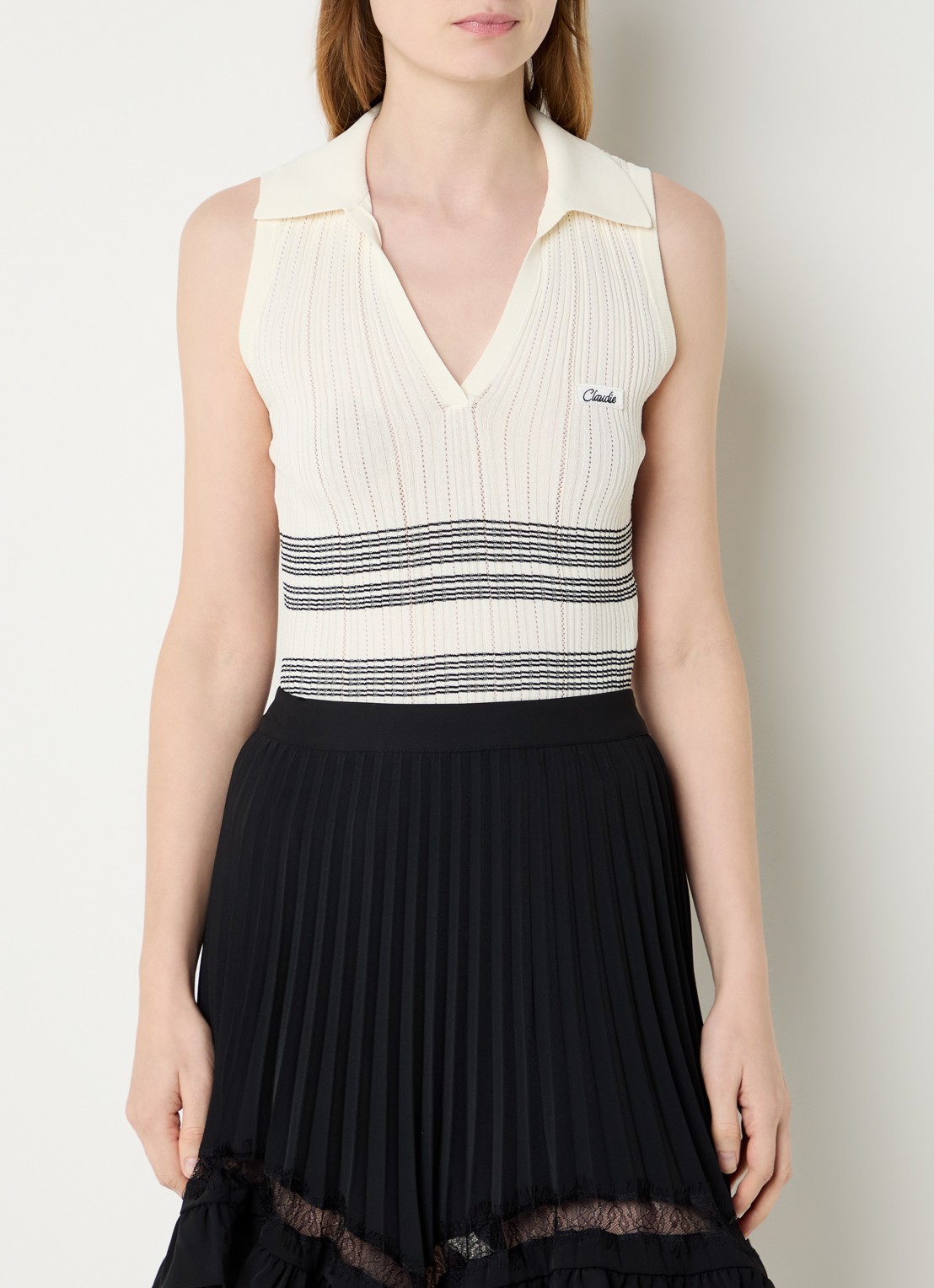 Claudie Pierlot Manalysa fijngebreide top met streepprint - detail 3 vanillegeel