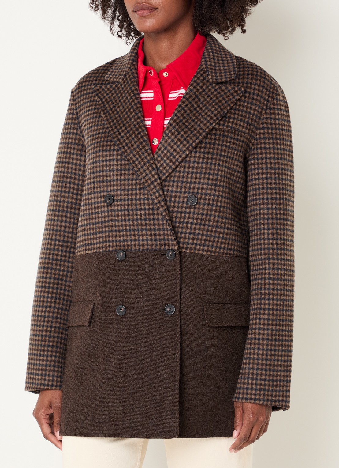 Claudie Pierlot Mantel in wolblend met pied-de-poule dessin - detail camel