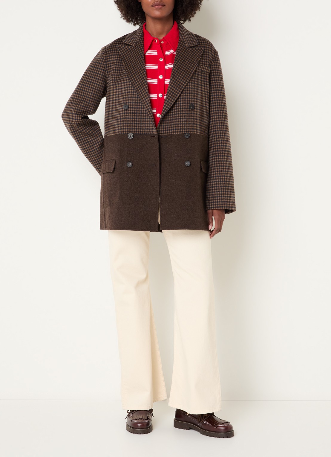 Claudie Pierlot Mantel in wolblend met pied-de-poule dessin - voorkant 4 camel