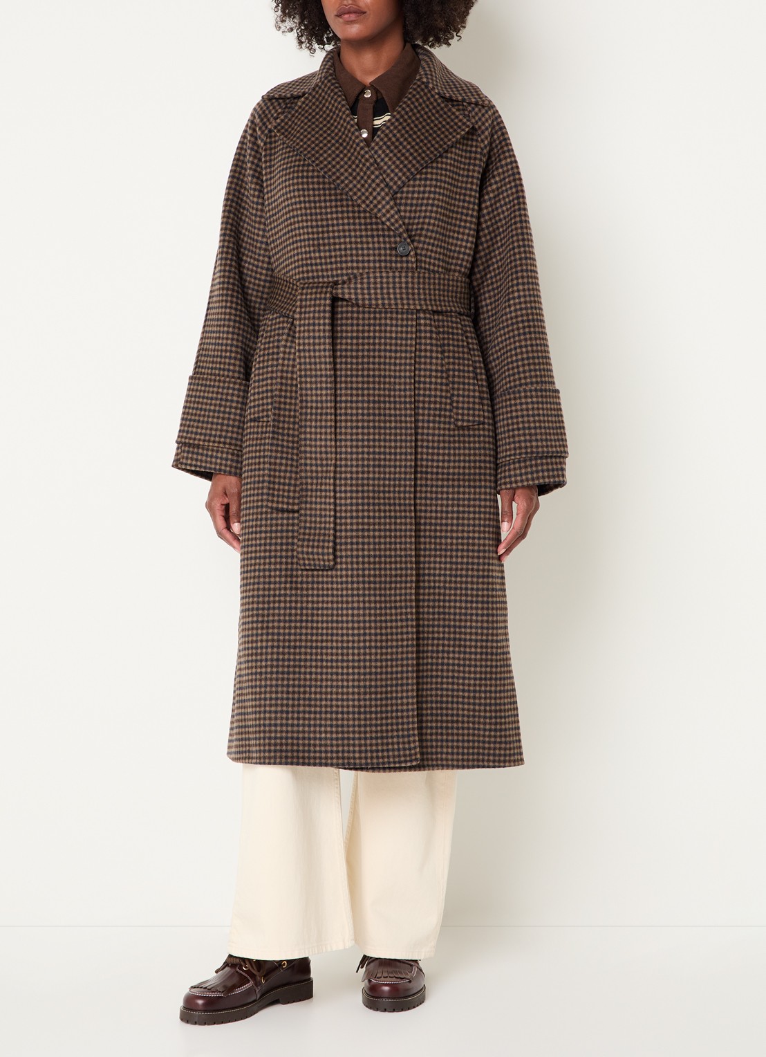Claudie Pierlot Mantel van wol met pied-de-poule dessin - voorkant 4 camel