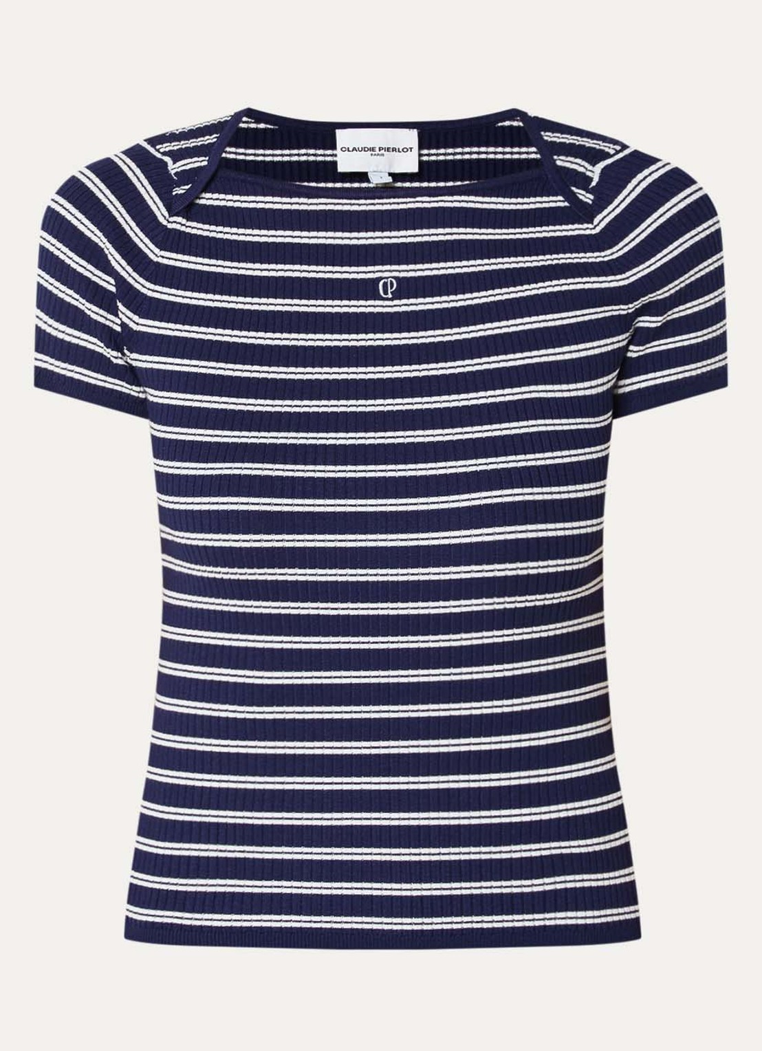 Claudie Pierlot Manzai ribgebreide top met streepprint - voorkant donkerblauw