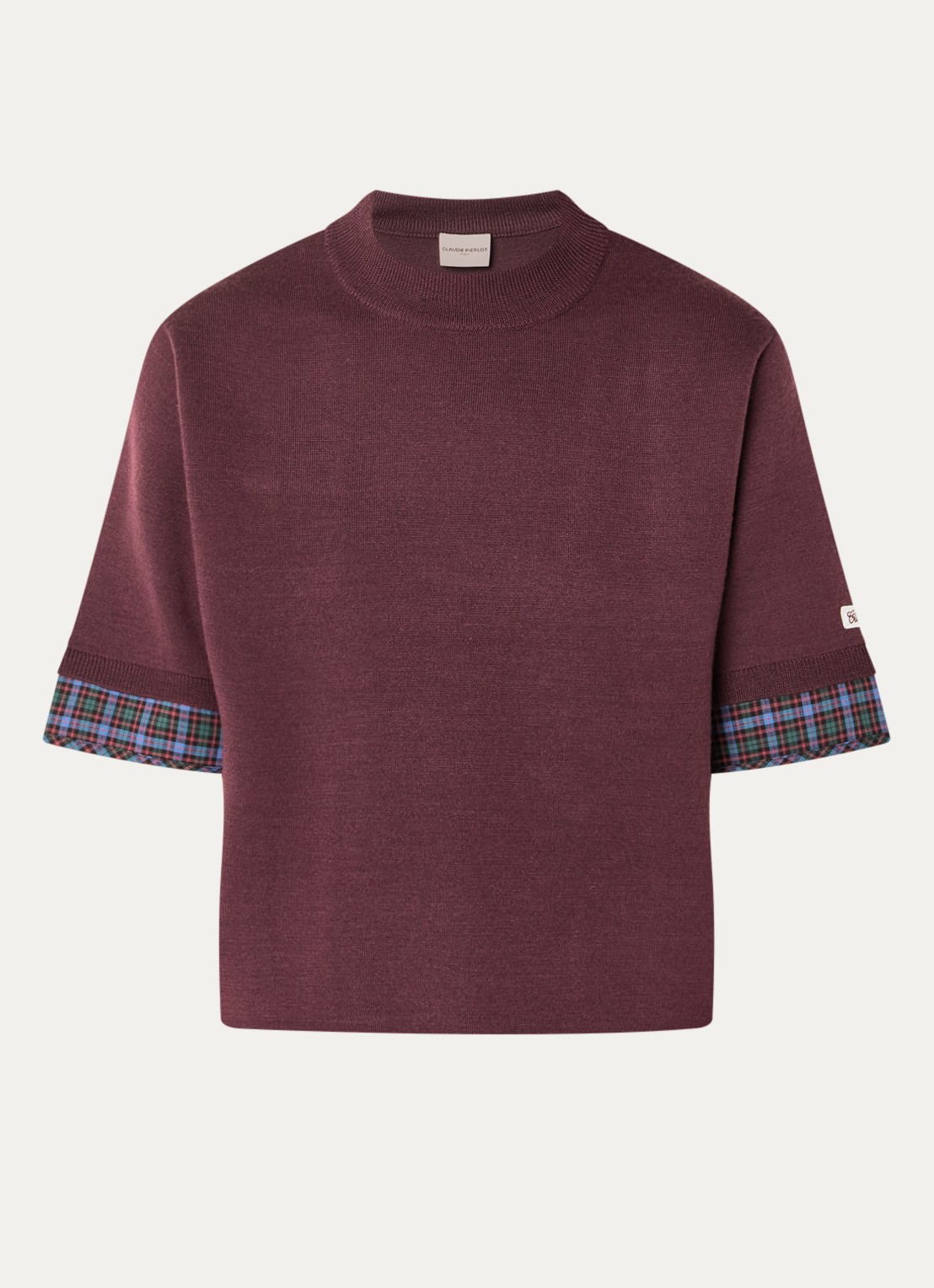 Claudie Pierlot Marayure fijngebreide T-shirt in wolblend met ronde hals - voorkant aubergine