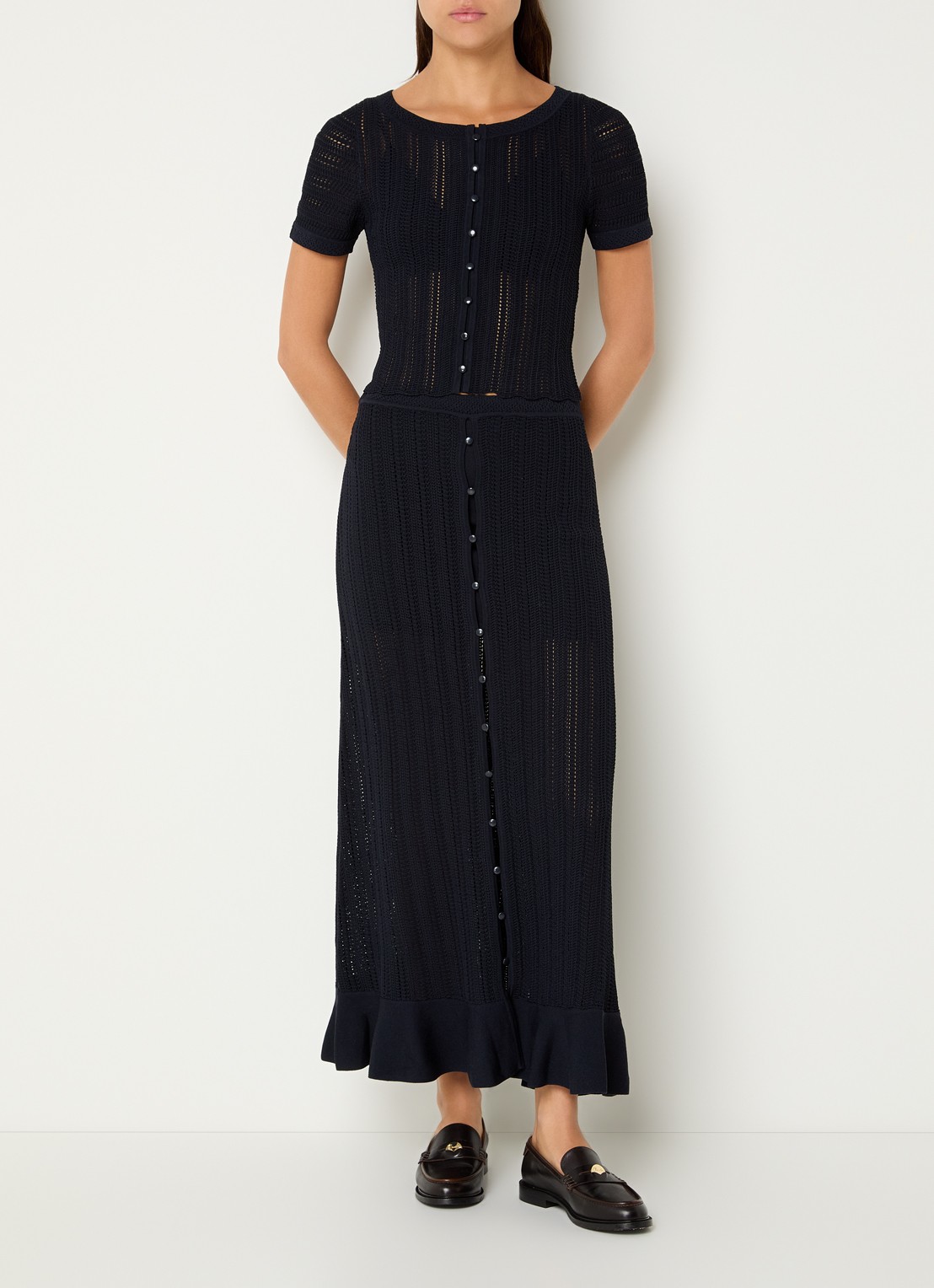 Claudie Pierlot Marc grofgebreide midi rok met sierknopen - voorkant 4 donkerblauw