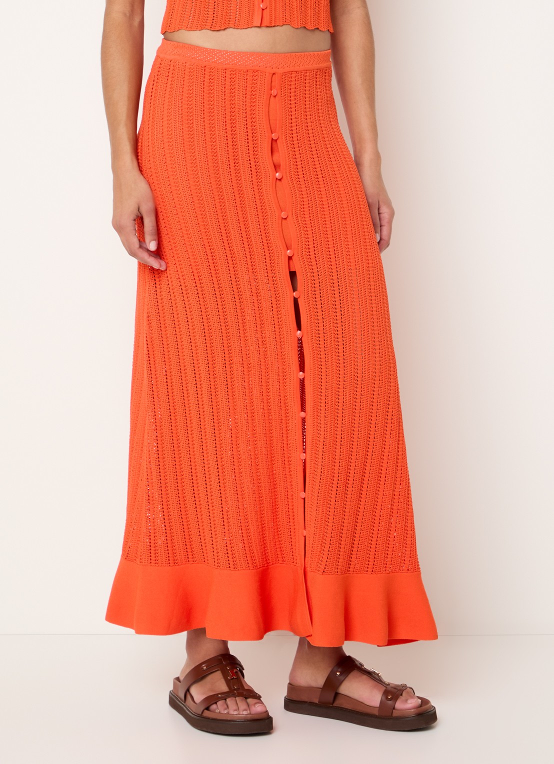 Claudie Pierlot Marc grofgebreide midi rok met sierknopen - detail 4 oranjerood