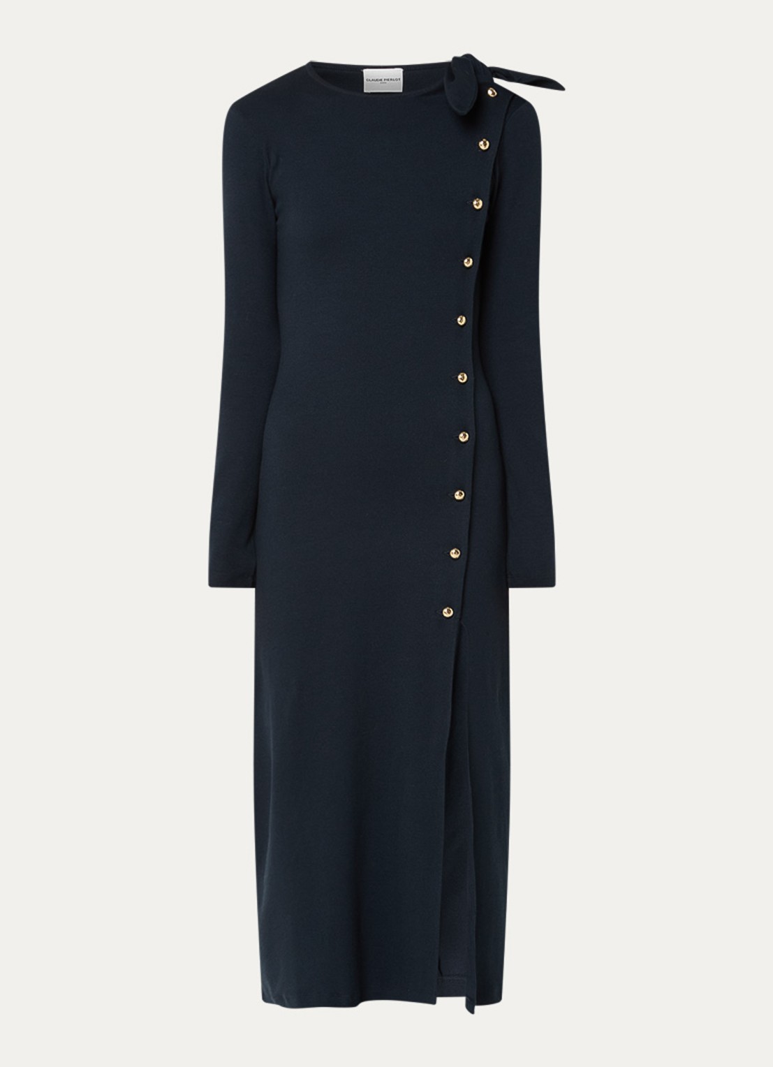 Claudie Pierlot Marceau ribgebreide midi jurk met split en strikdetail - voorkant 2 donkerblauw